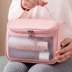 1pc Pink Transparent Portable Large Capacity Waterproof Makeup Bag For Women Girls