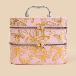 1pc Golden Butterfly Pattern Portable Large Capacity Multi-Layer Storage Makeup Bag